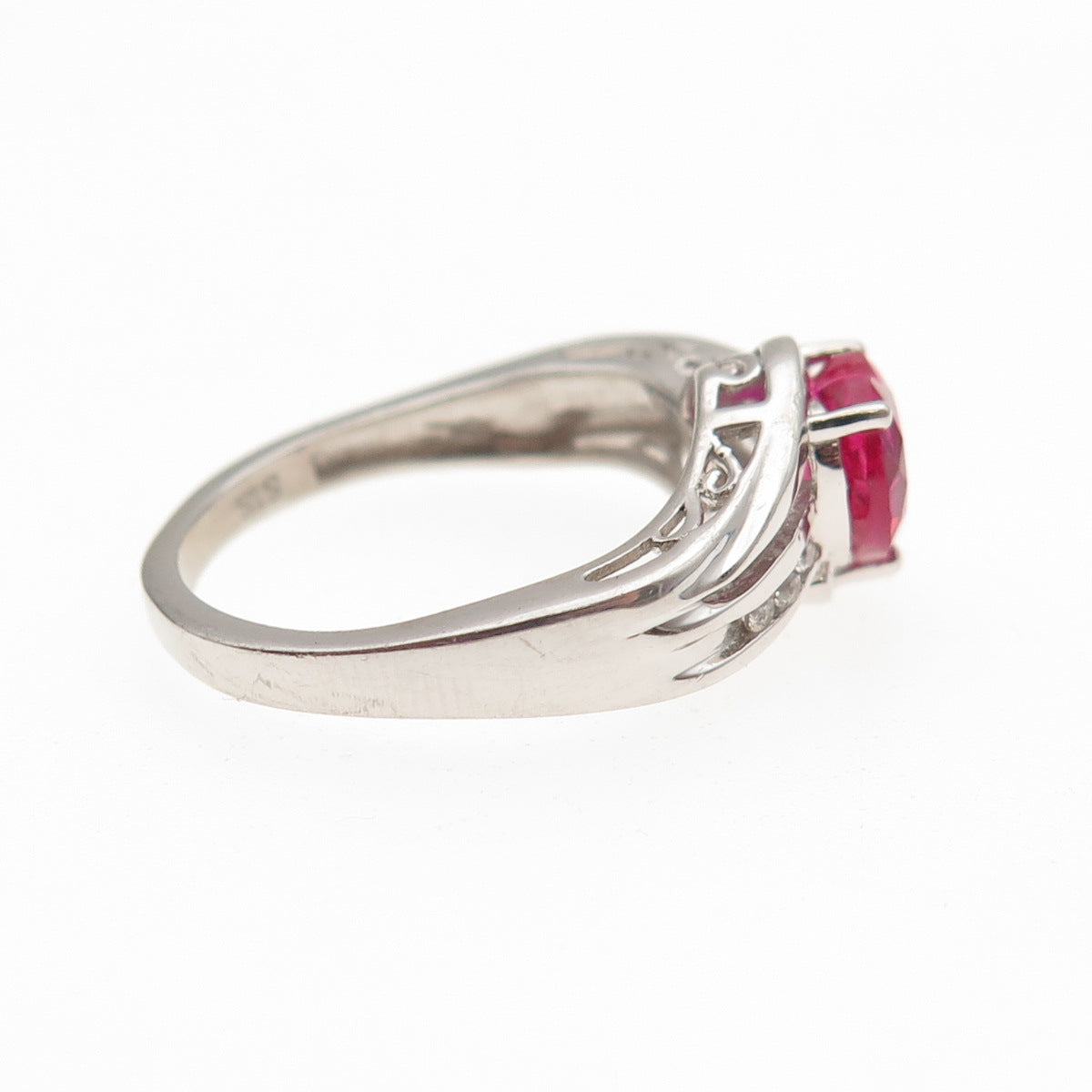 Chuck Clemency 925 Sterling Lab-Created Ruby & White Topaz Heart Ring Size 6.75
