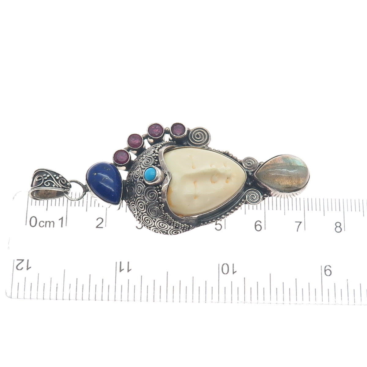 925 Sterling Silver Vintage Ruby Lapis Turquoise Labradorite Goddess Pendant
