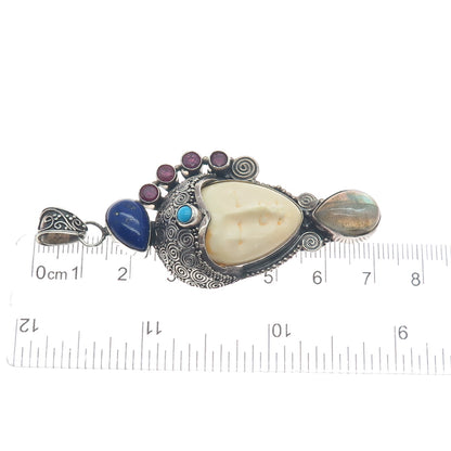 925 Sterling Silver Vintage Ruby Lapis Turquoise Labradorite Goddess Pendant