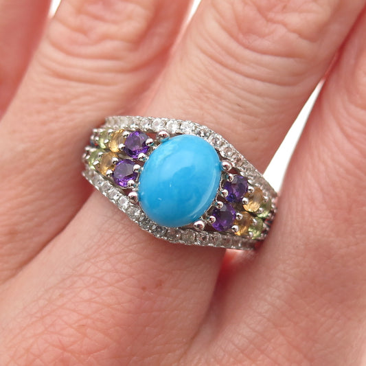 925 Sterling Turquoise Topaz Citrine Amethyst Peridot Garnet Apatite Ring Size 8