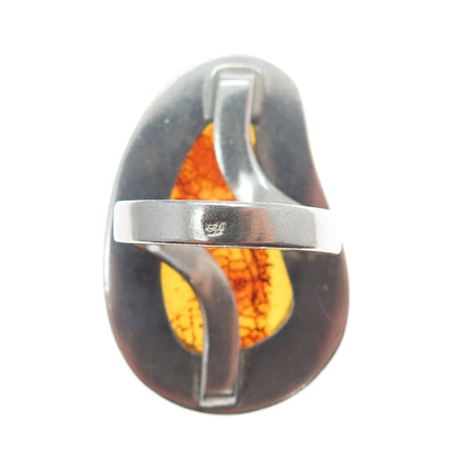 925 Sterling Silver Vintage Real Baltic Amber Modernist Domed Ring Size 8.25