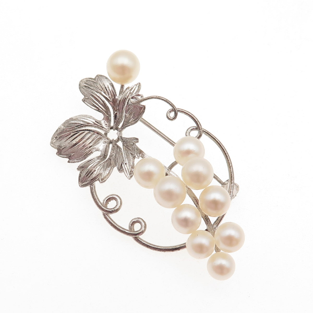 925 Sterling Silver Antique Art Deco Real Akoya Pearl Floral Pin Brooch