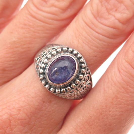 925 Sterling Silver Real Tanzanite Floral Oxidized Ring Size 9.25