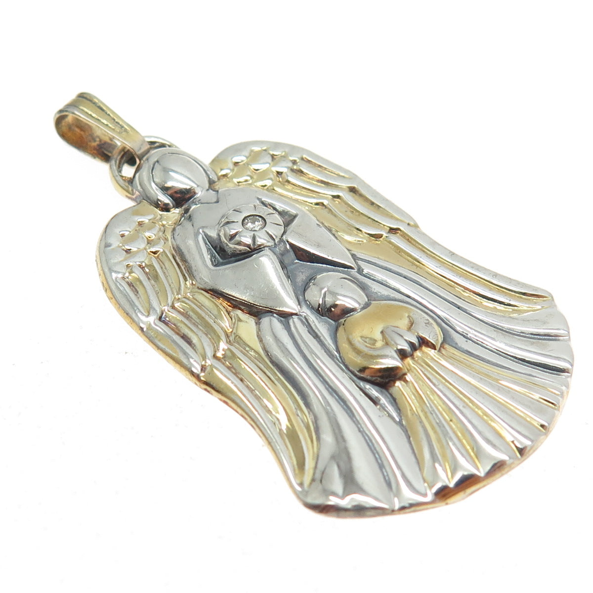 GORHAM 925 Sterling Silver 2-Tone Vintage Real Diamond Guardian Angel Pendant