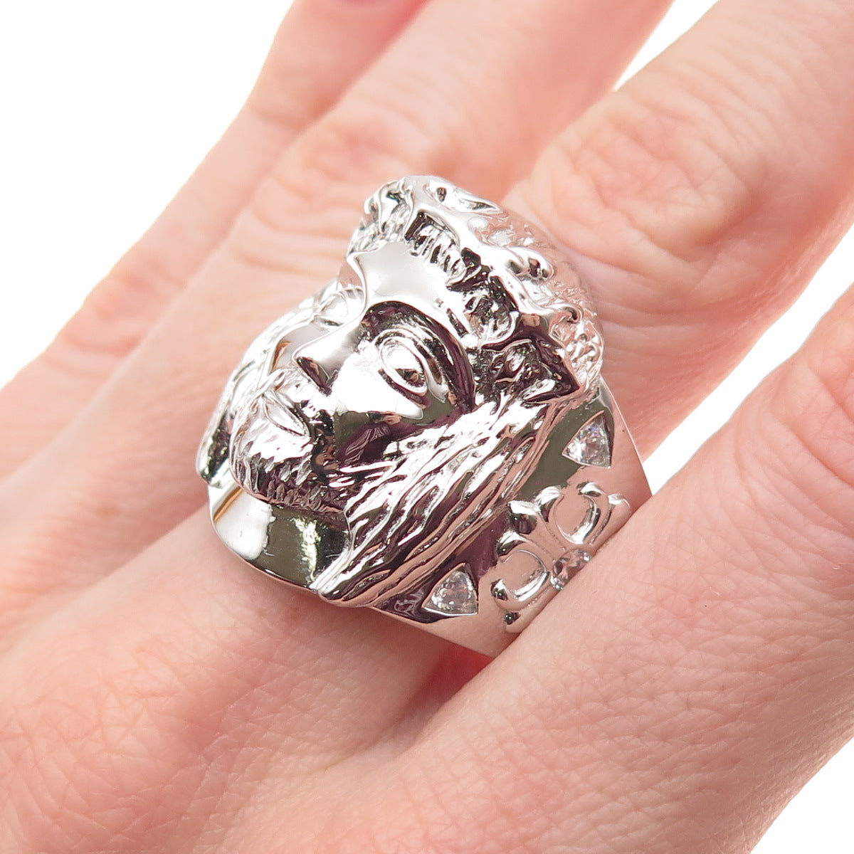 925 Sterling Silver Round-Cut C Z Jesus Statement Ring Size 12.25