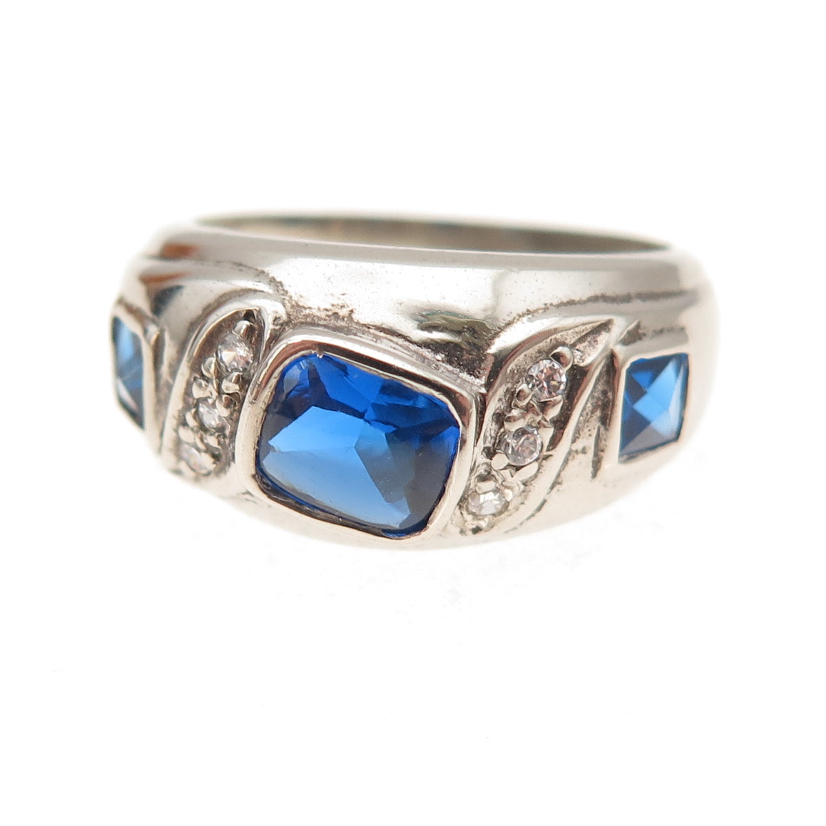925 Sterling Silver Vintage Real Blue Topaz & C Z Modernist Ring Size 6.5