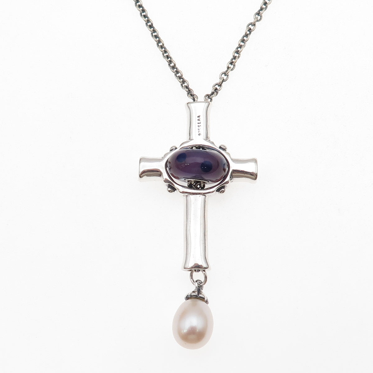 Trollbeads Sterling Silver Vintage Real Pearl & Murano Glass Cross Necklace 36"