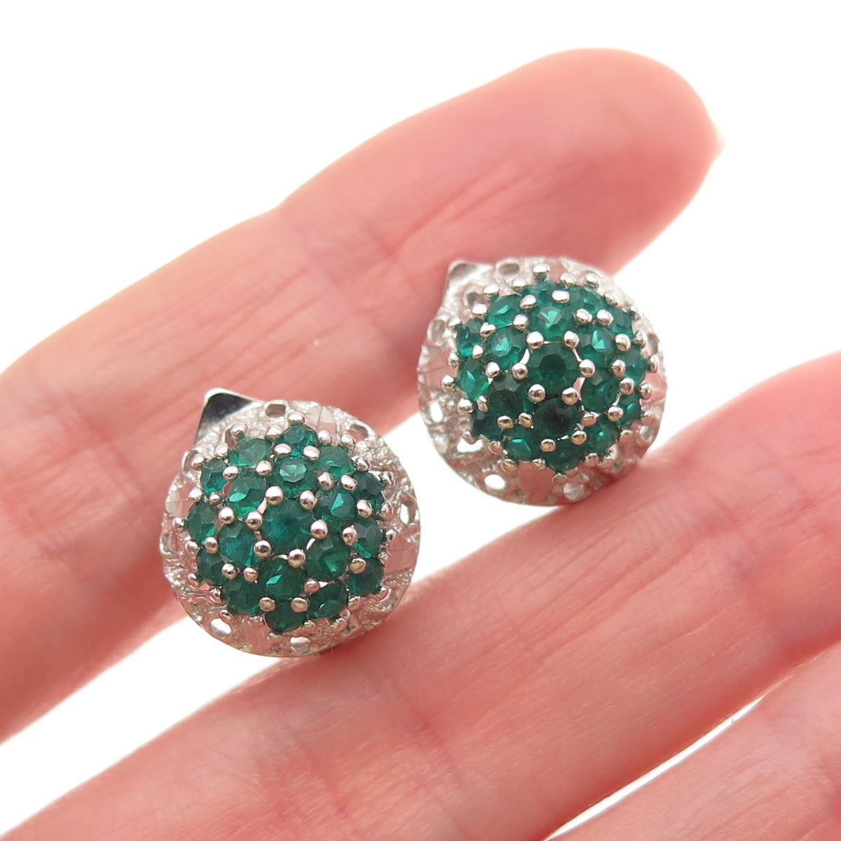 925 Sterling Silver Vintage Round-Cut Green Rhinestone Omega Back Earrings