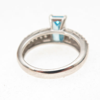 925 Sterling Silver Emerald-Cut Blue & Round-Cut White C Z Ring Size 5.25