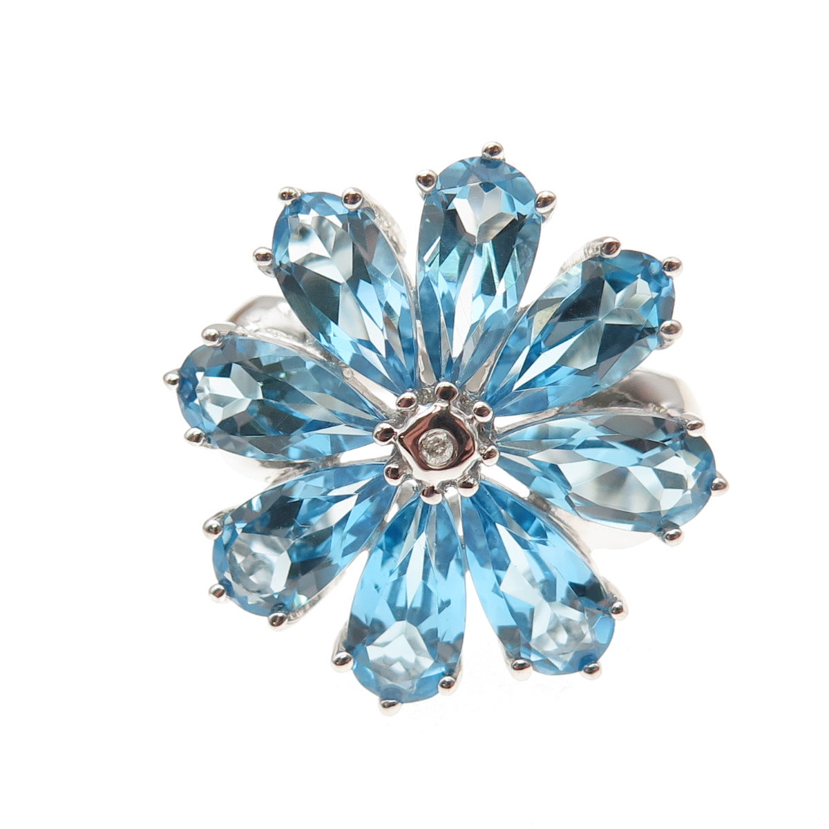 925 Sterling Silver Real Diamond & Blue Topaz Floral Ring Size 7.25
