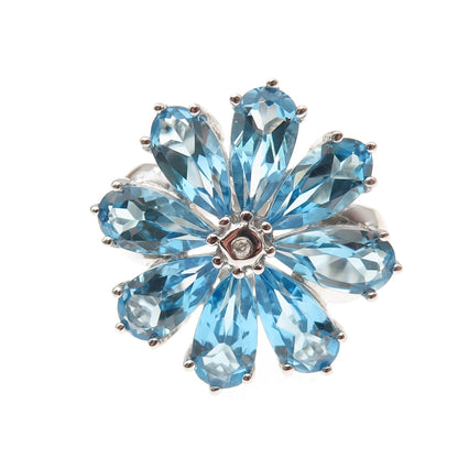 925 Sterling Silver Real Diamond & Blue Topaz Floral Ring Size 7.25