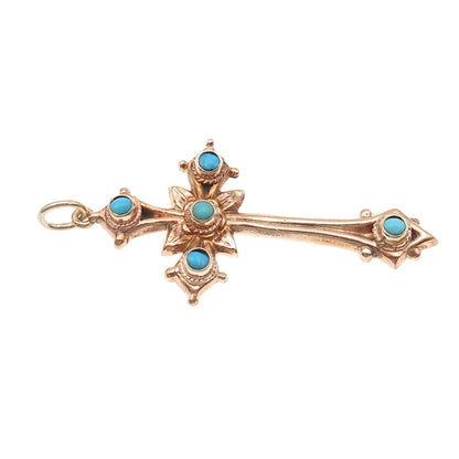 Gold Filled Antique Art Deco Real Turquoise Floral Cross Charm Pendant
