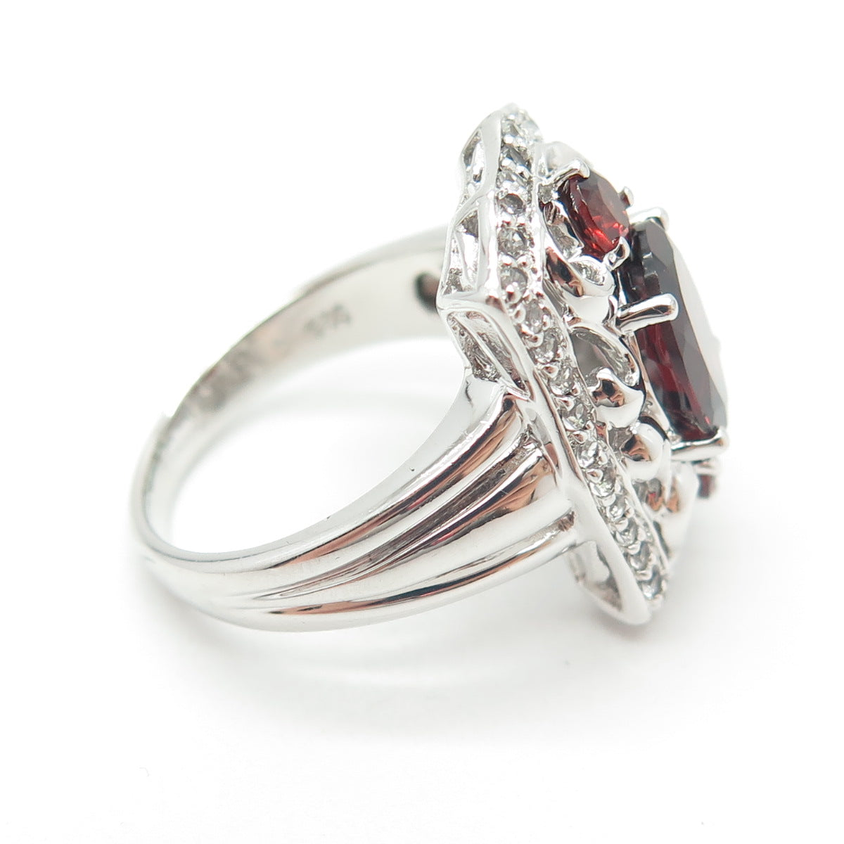 925 Sterling Silver Real White Topaz & Red Garnet Gemstone Ring Size 8.25