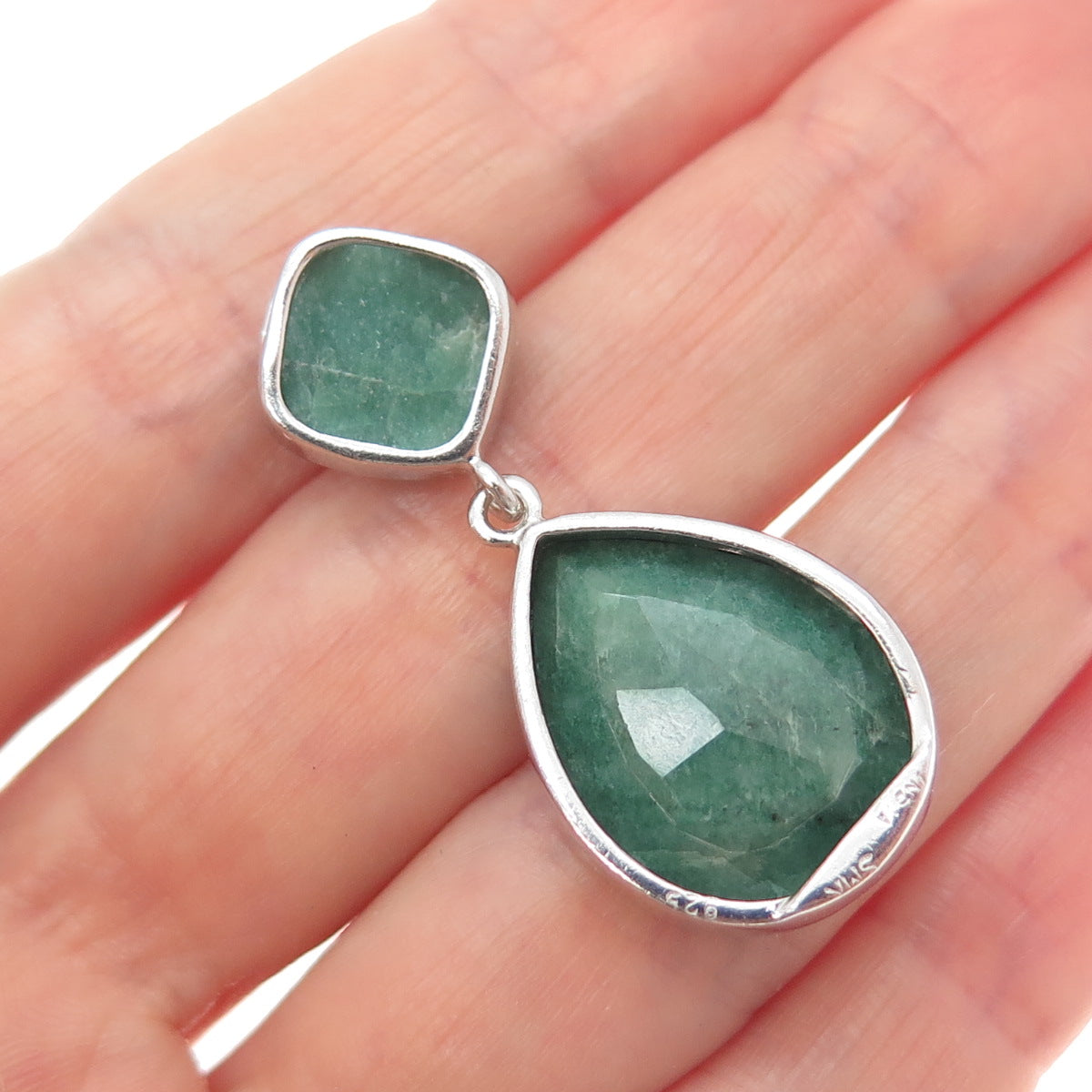 925 Sterling Silver Real Emerald Modernist Slide Pendant