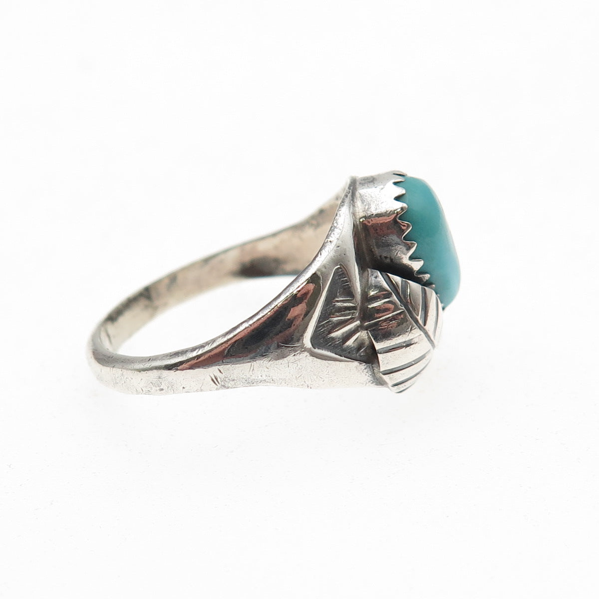 Old Pawn Sterling Silver Vintage Southwestern Turquoise Feather Ring Size 7.75