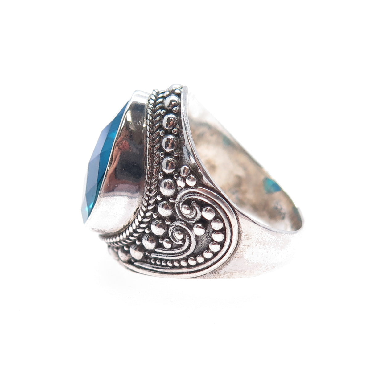 SARDA 925 Sterling Silver Vintage Mystic Blue C Z Teardrop Beaded Ring Size 5.5