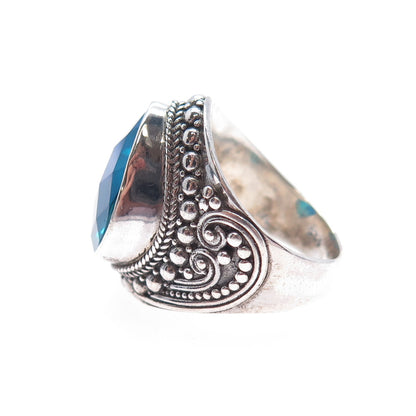 SARDA 925 Sterling Silver Vintage Mystic Blue C Z Teardrop Beaded Ring Size 5.5