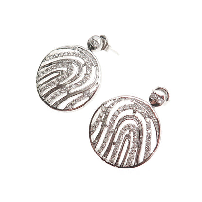 925 Sterling Silver Round-Cut C Z Fingerprint Disc Dangle Earrings