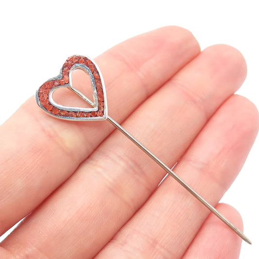 925 Sterling Silver Vintage Real Coral Inlay Open Heart Lapel Pin