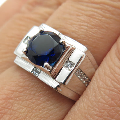 925 Sterling Silver Round-Cut Blue & White C Z Ring Size 8.25