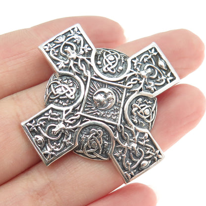 925 Sterling Silver Vintage Deer Moon Runic Cross Oxidized Pendant