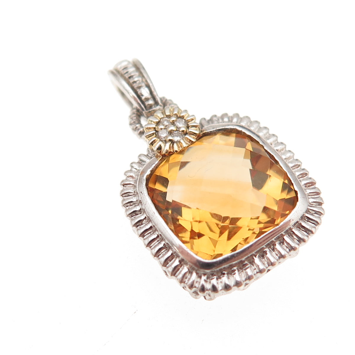 925 Sterling Silver 14K Gold Real Diamond & Citrine Charm Pendant