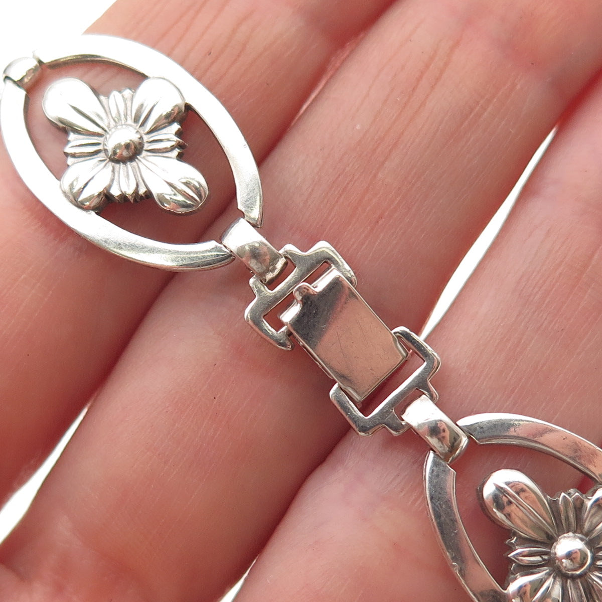 925 Sterling Silver Antique Art Deco Floral Oxidized Bracelet 7.25"