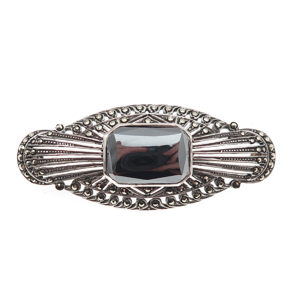 925 Sterling Silver Antique Art Deco Germany Real Hematite Marcasite Pin Brooch