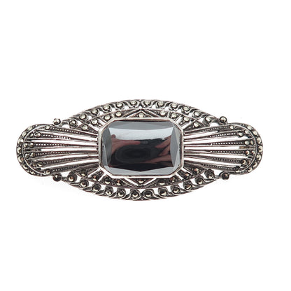 925 Sterling Silver Antique Art Deco Germany Real Hematite Marcasite Pin Brooch