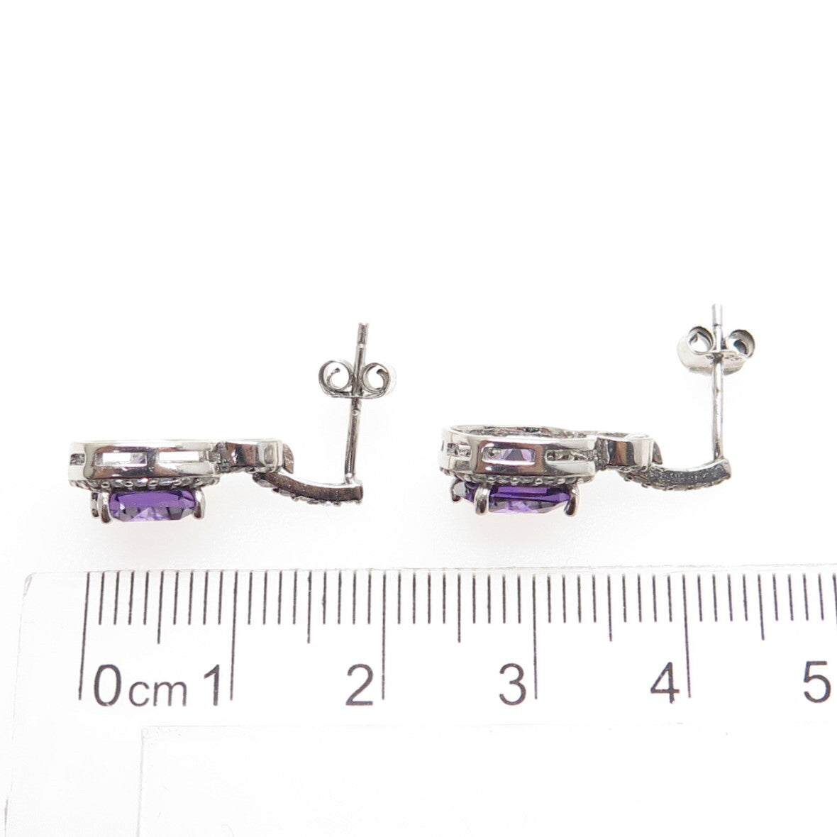 925 Sterling Silver Cushion & Round-Cut Purple White C Z Dangle Earrings