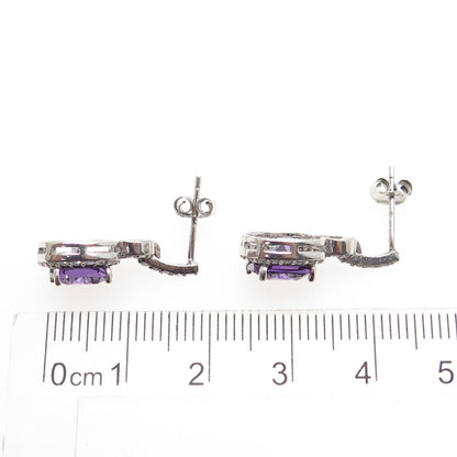 925 Sterling Silver Cushion & Round-Cut Purple White C Z Dangle Earrings