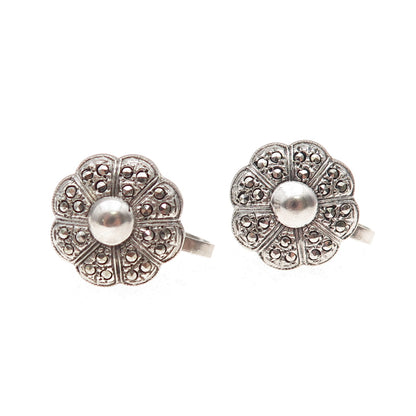 925 Sterling Silver Antique Art Deco Real Marcasite Floral Screw Back Earrings