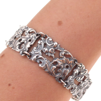 800 Silver Antique Art Deco Floral Panel Link Oxidized Bracelet 7"