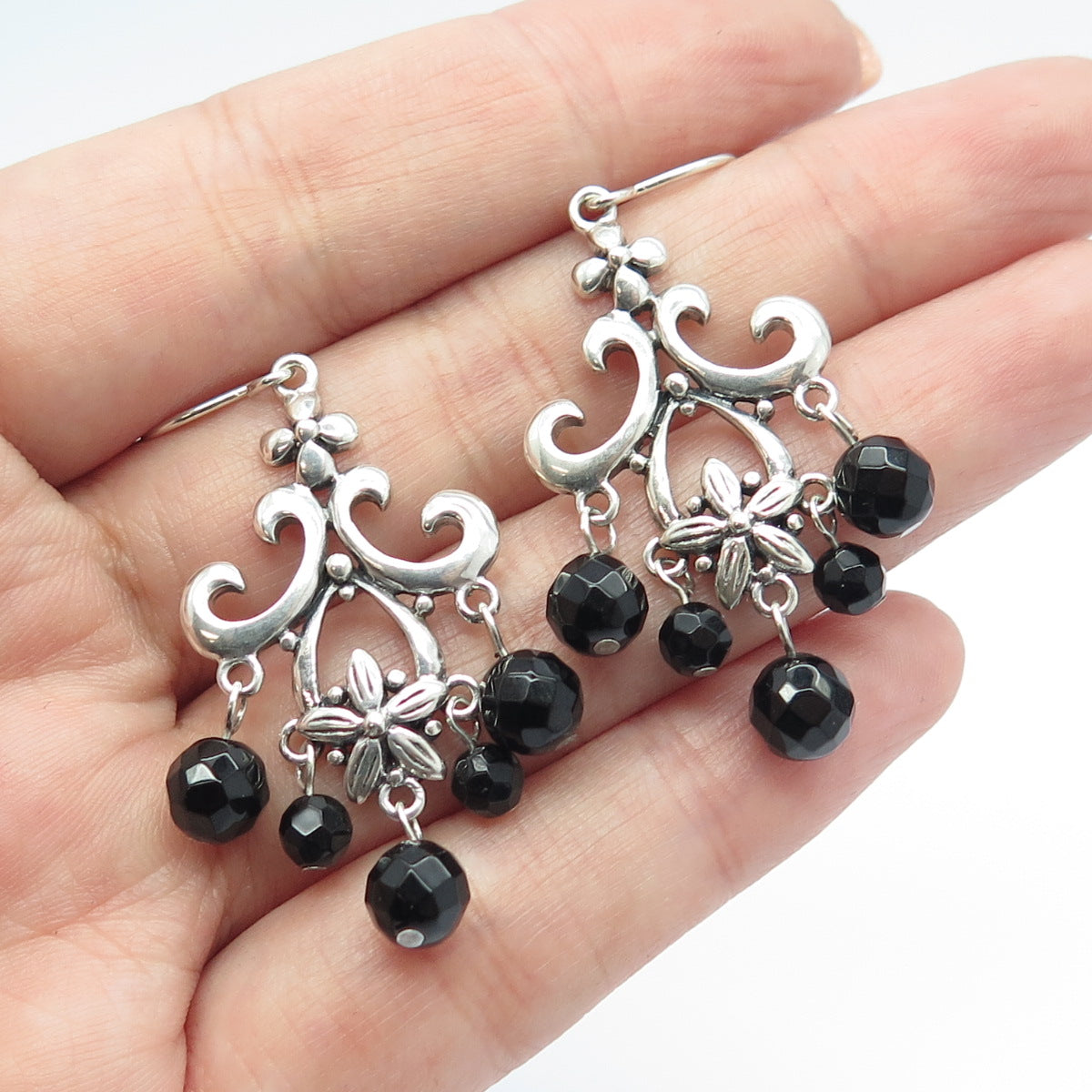 925 Sterling Silver Vintage Real Black Onyx Gemstone Ornate Dangling Earrings