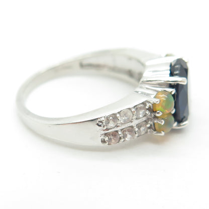 925 Sterling Silver Lab-Created Sapphire Real Opal & White Topaz Ring Size 8.75