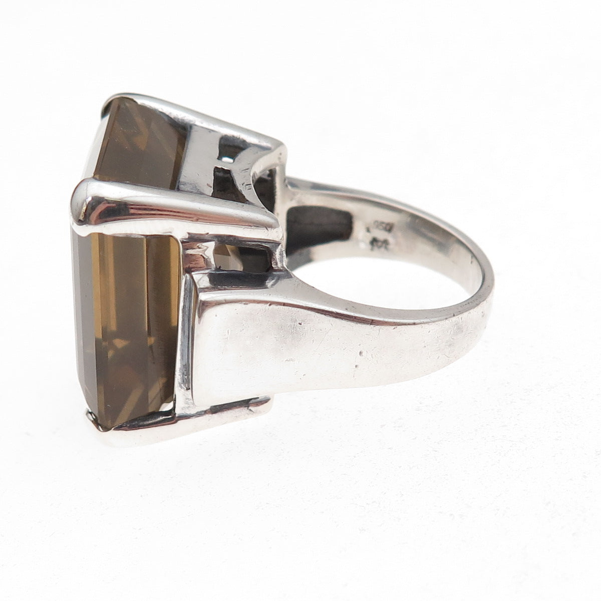 950 Silver Vintage Real Emerald-Cut Smoky Quartz Oxidized Ring Size 7