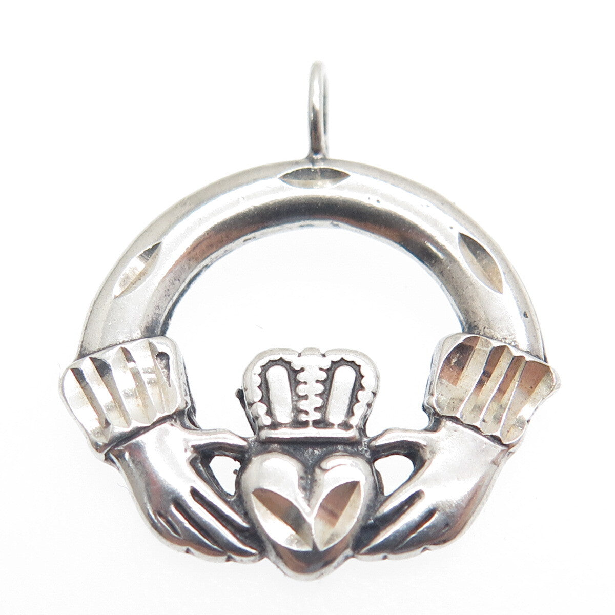 925 Sterling Silver Vintage Irish Claddagh Diamond-Cut Minimalist Charm Pendant