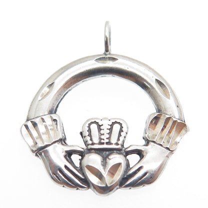 925 Sterling Silver Vintage Irish Claddagh Diamond-Cut Minimalist Charm Pendant