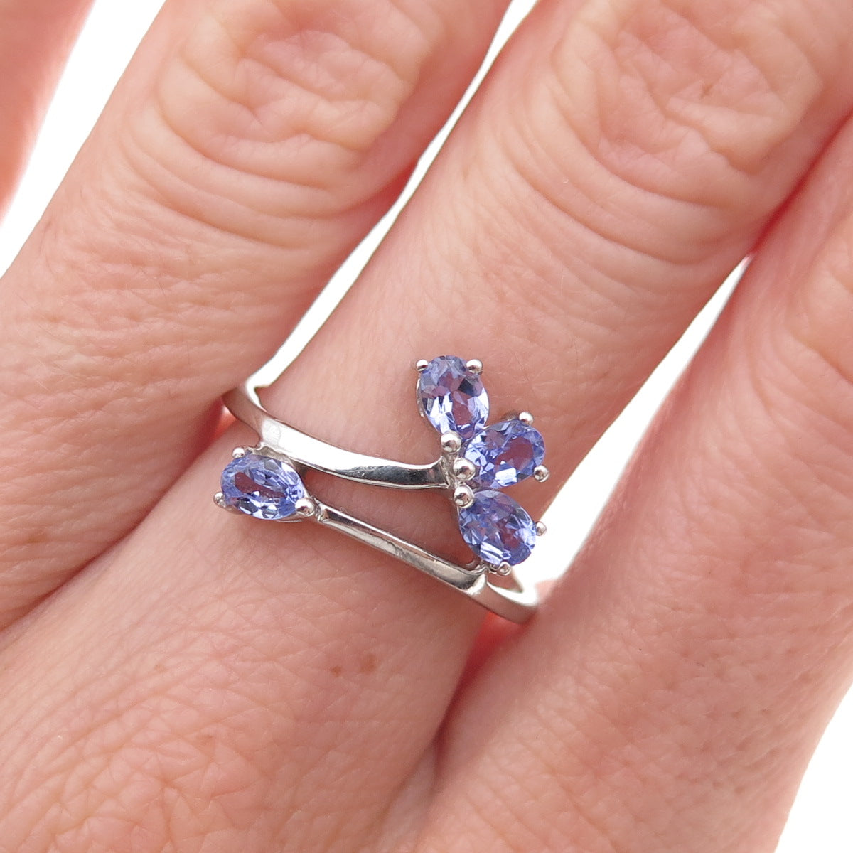 925 Sterling Silver Real Oval-Cut Tanzanite Bypass Ring Size 7.5