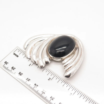 925 Sterling Silver Vintage Mexico Real Black Gem Ribbed Modernist Pin Brooch
