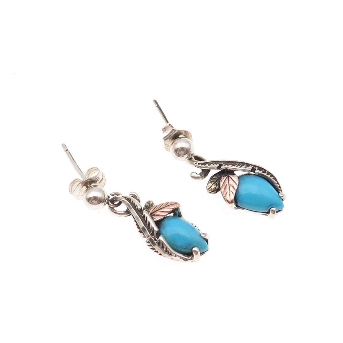 Coleman Co. 925 Sterling Silver 12K Gold Vintage Real Turquoise Floral Earrings