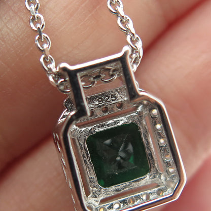 925 Sterling Silver Multi-Cut Green & White C Z Cable Chain Necklace 18"