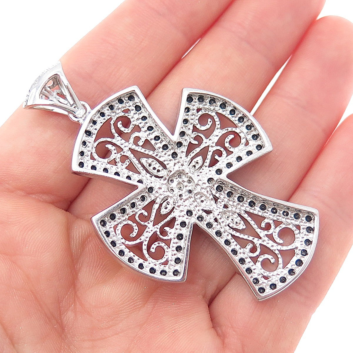 925 Sterling Silver Real Round-Cut Black Diamond Ornate Cross Pendant
