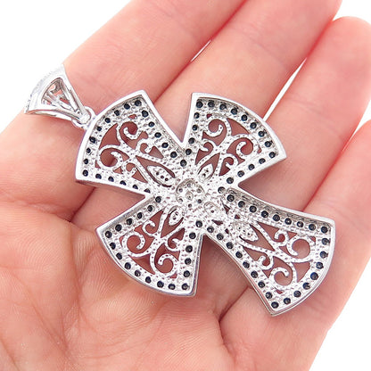 925 Sterling Silver Real Round-Cut Black Diamond Ornate Cross Pendant