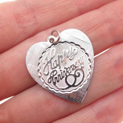 925 Sterling Silver Vintage Happy Anniversary Heart Charm Pendant
