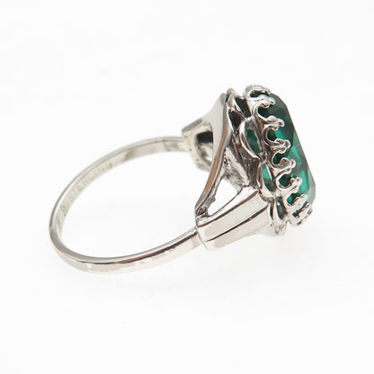 Diadema Sterling Silver Antique Art Deco Oval-Cut Green Glass Crown Ring Size 6