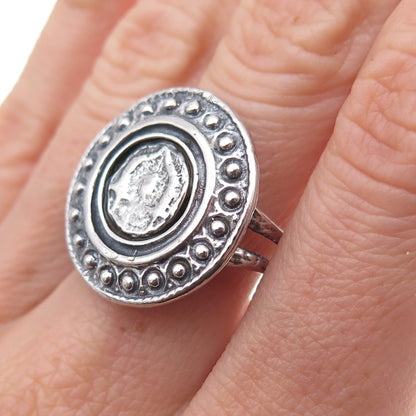 925 Sterling Silver Vintage Modernist Beaded Disc Oxidized Ring Size 9