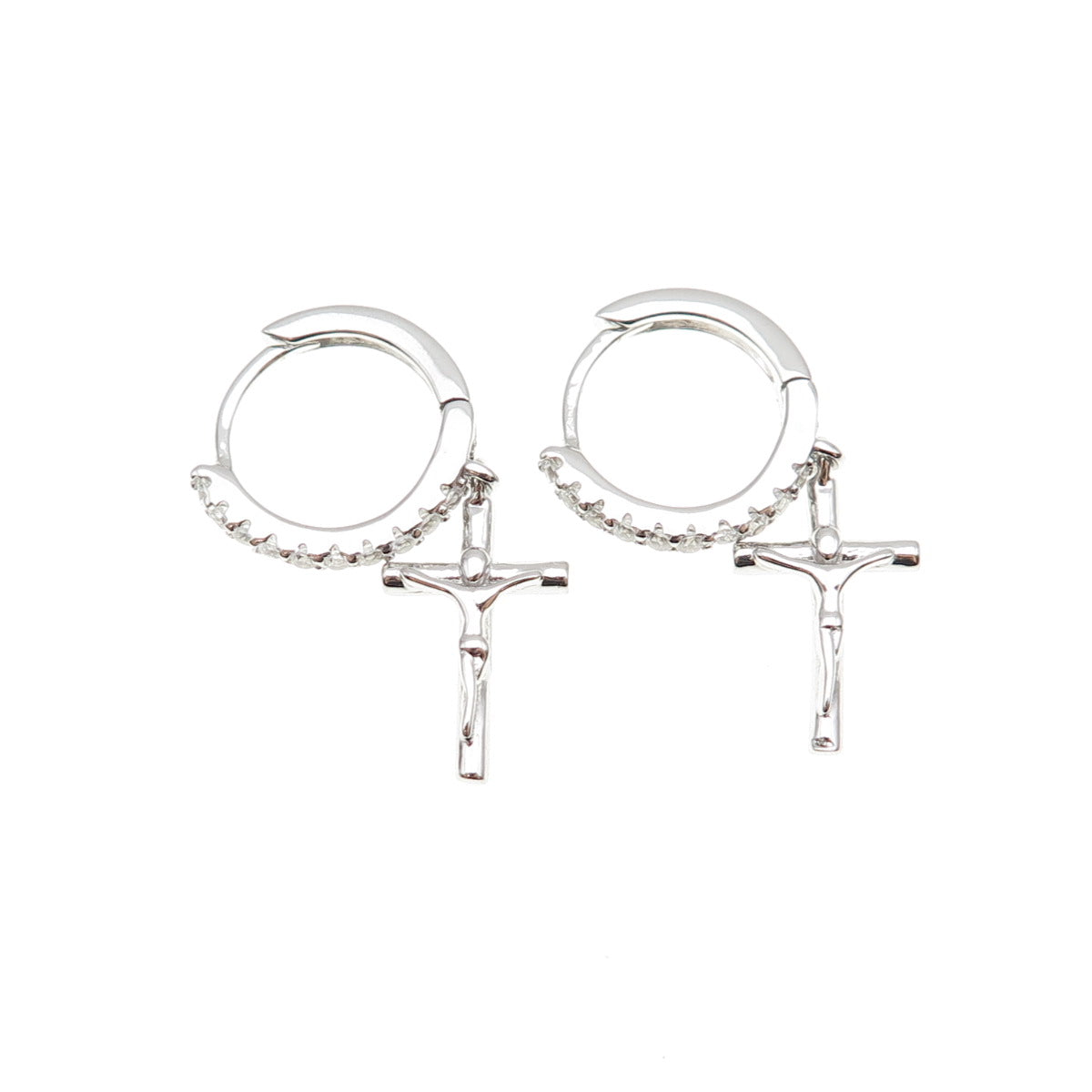 925 Sterling Silver Round-Cut C Z Crucifix Cross Dangle Hoop Earrings