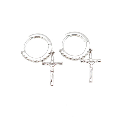 925 Sterling Silver Round-Cut C Z Crucifix Cross Dangle Hoop Earrings
