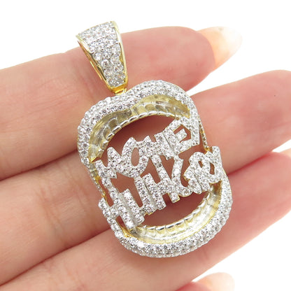 925 Sterling Silver Gold Plated C Z "Money Hungry" Mouth Pendant